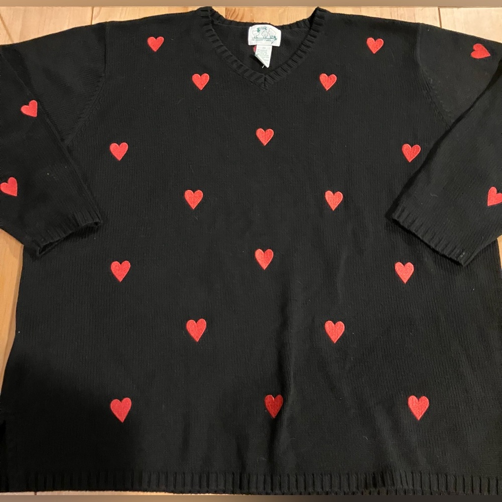 EUC Quacker Factory Black V Neck Sweater with Red Heart Pattern Size 2X vintage